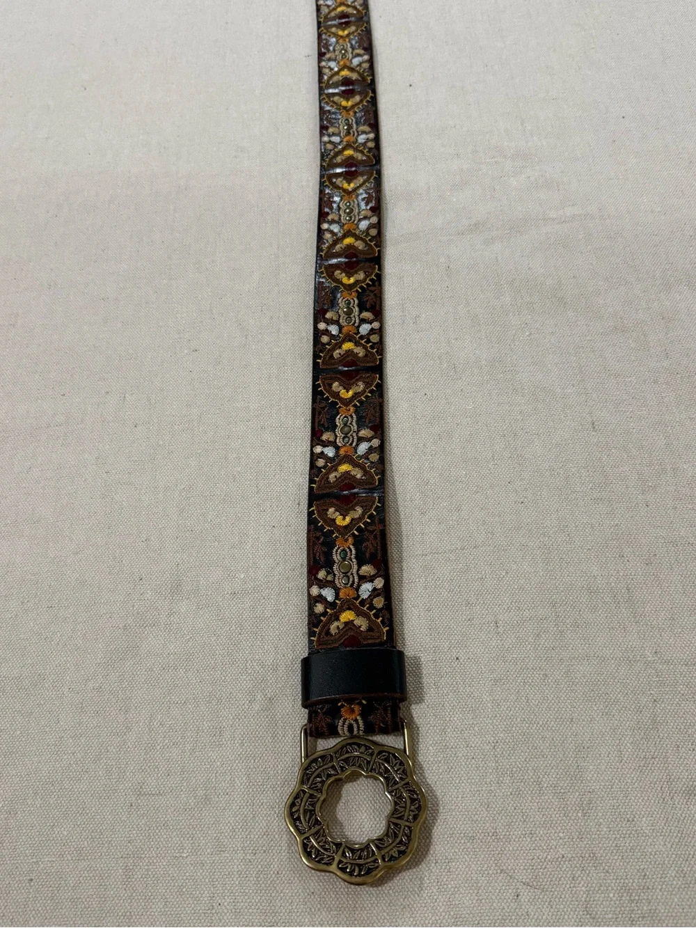 Lucky Brand Leather Belt L Embroidered Boho Western Floral Brass Buckle